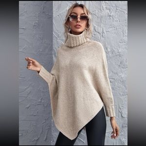 Turtleneck Asymmetrical Hem Poncho Sweater